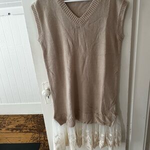 Sleeveless Beige Knit Dress with Lace Hem